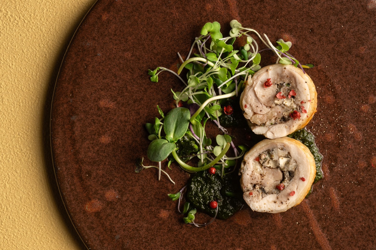 Mushroom and chicken Galantine with garland chrysanthemum sauce