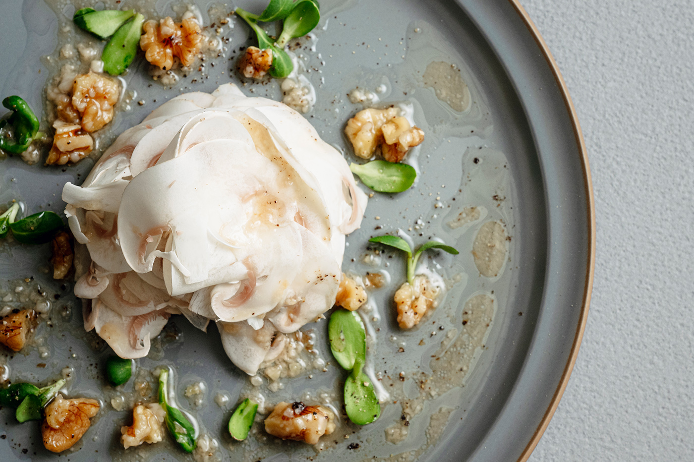 Thinly sliced fresh mushroom with walnuts and shio-koji(salted rice malt) vinaigrette01