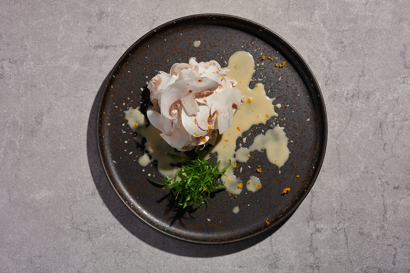Thinly sliced fresh mushroom with Amanatsu(Japanese citrus) Vinegrette01