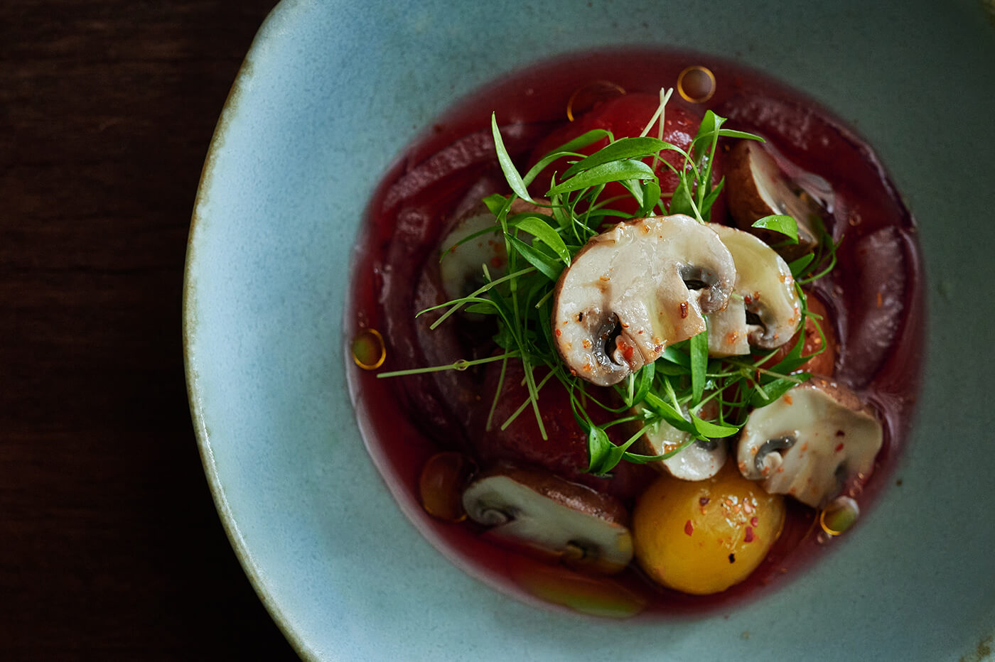 Mushroom aguachile with hibiscus tea and cherry tomatoes01