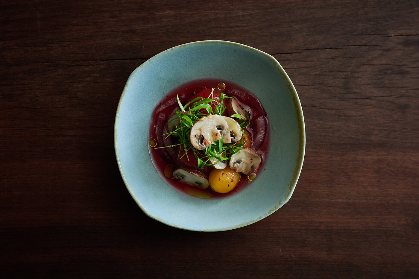 Mushroom aguachile with hibiscus tea and cherry tomatoes02