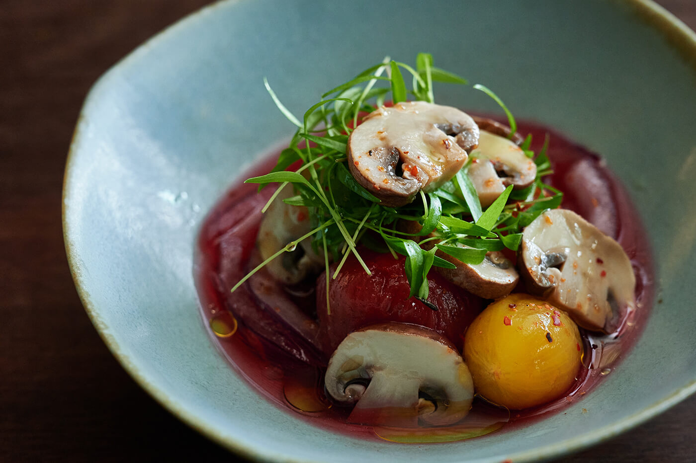 Mushroom aguachile with hibiscus tea and cherry tomatoes03