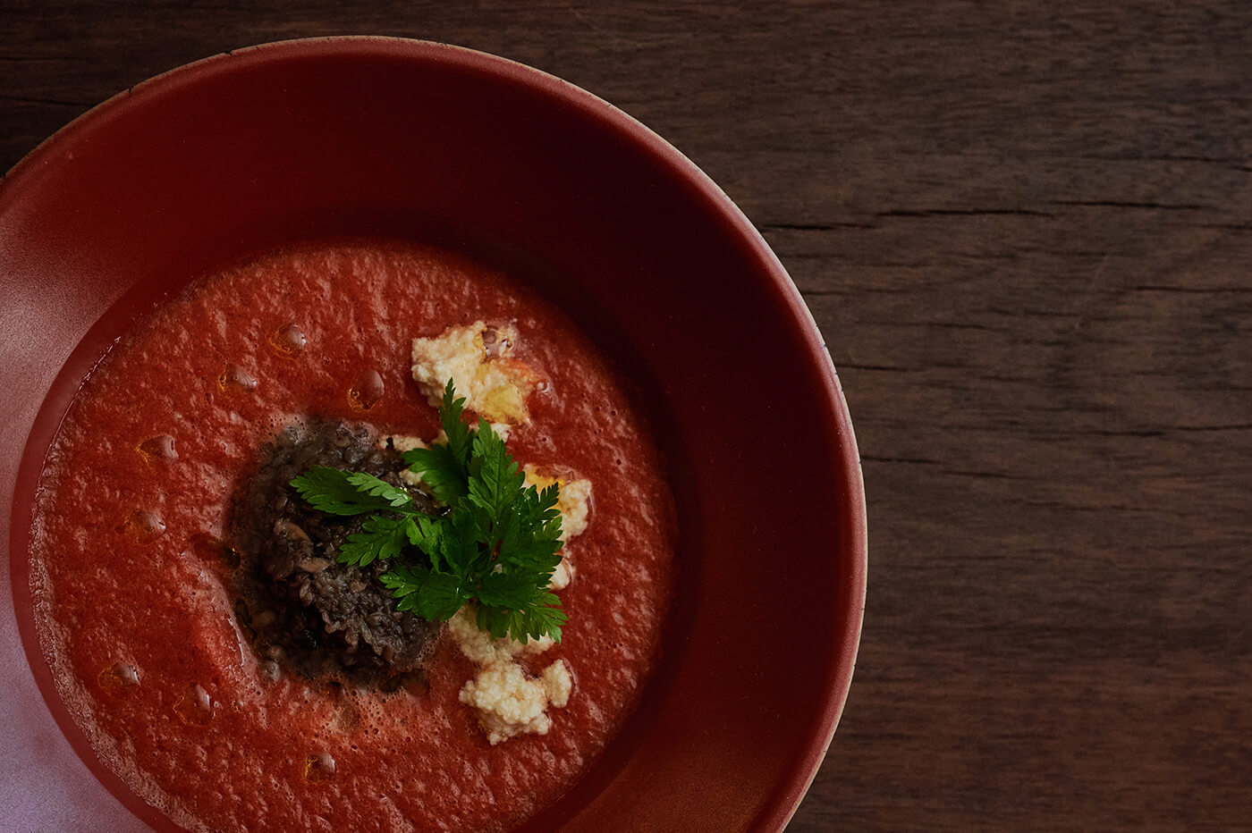 Chilled mushroom gazpacho with Duxelles and vegan cheese crumble02