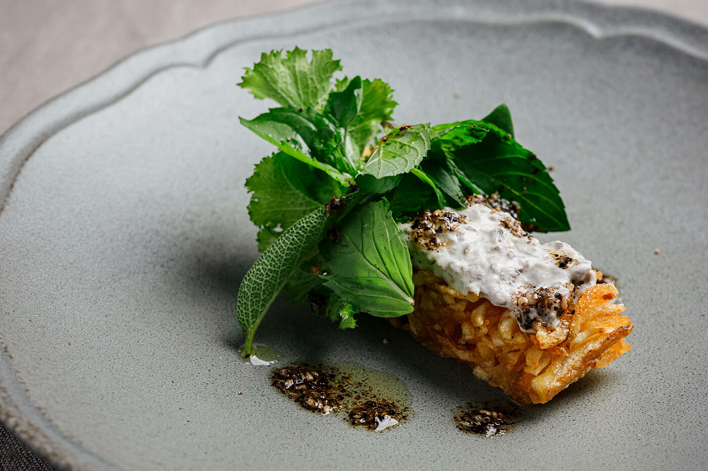 Freshly picked mixed herbs from Naeme Farm and hash brown with duxelle mayonnaise01